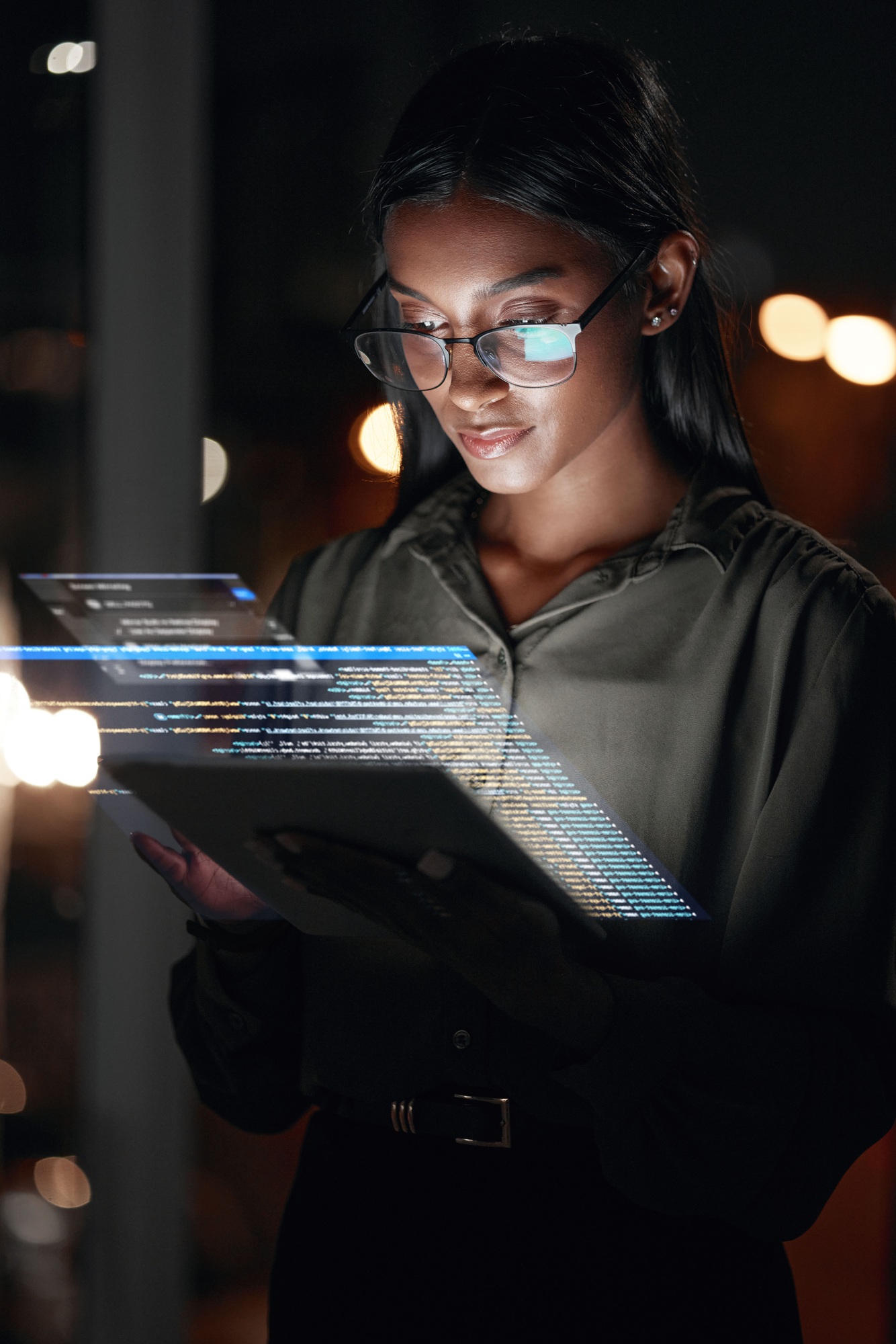 Woman, tablet and hologram at night in web design with dashboard, interface or hud display at the o